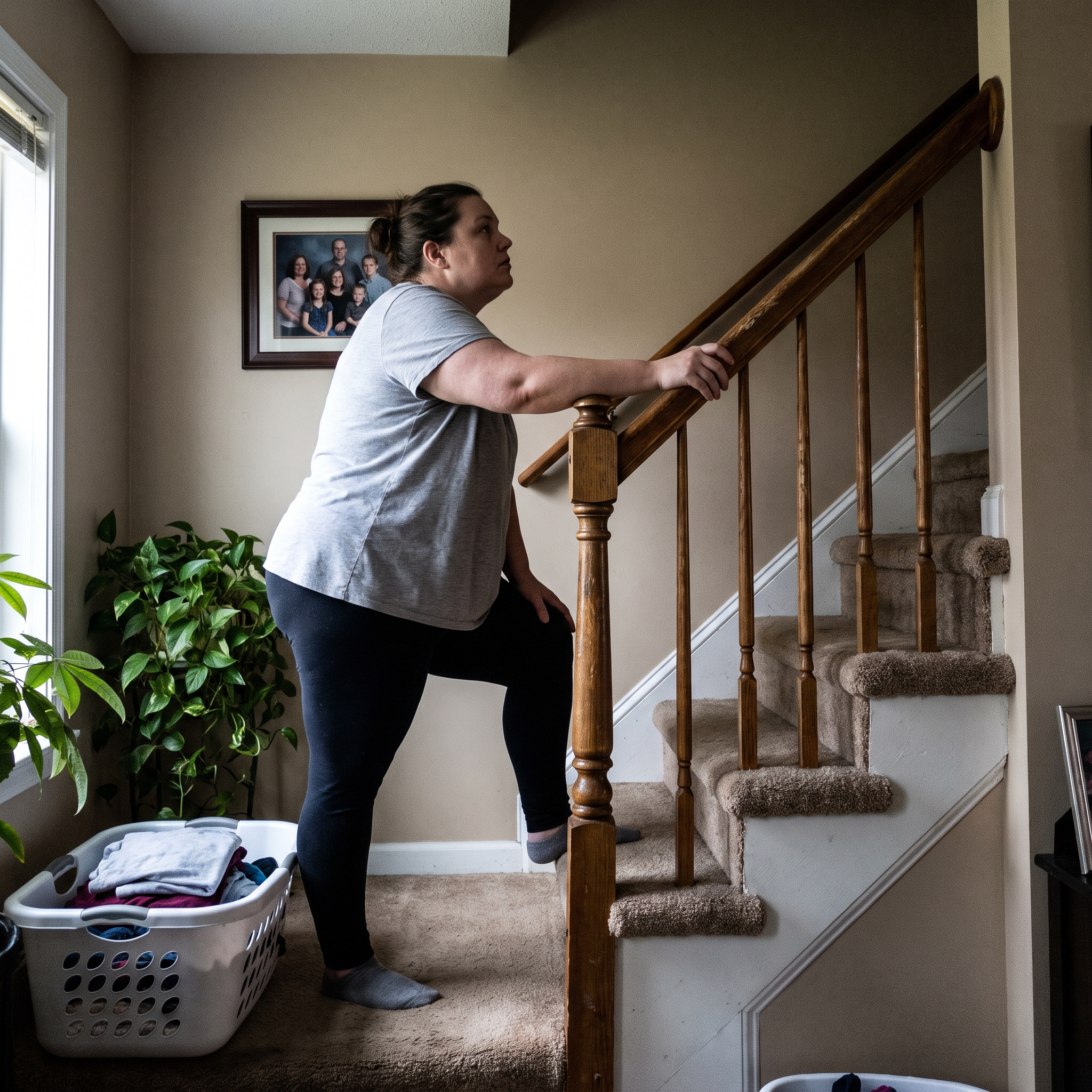 Pausing on the stairs at home